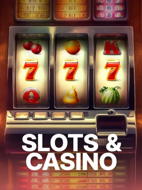 Tarjeta de casino online con foco en slots y colores eléctricos